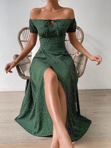 Breezaya 波點圖案一字肩前打結圍裹洋裝 - 墨綠色 - 查看 1