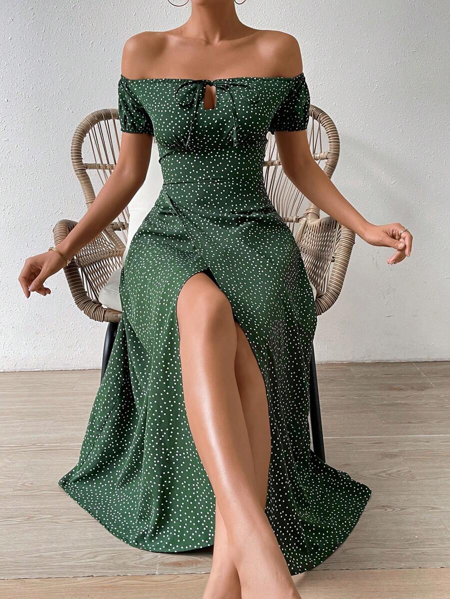 Breezaya 波點圖案一字肩前打結圍裹洋裝 - 墨綠色 - 查看 1