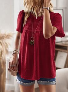 EMERY ROSE Swiss Dot Contrast Lace Puff Sleeve Blouse - Burgundy - View 4