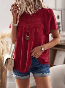 EMERY ROSE Swiss Dot Contrast Lace Puff Sleeve Blouse - Burgundy - View 5