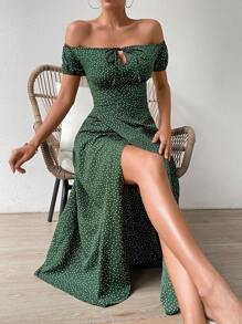 Breezaya 波點圖案一字肩前打結圍裹洋裝 - 墨綠色 - 查看 3