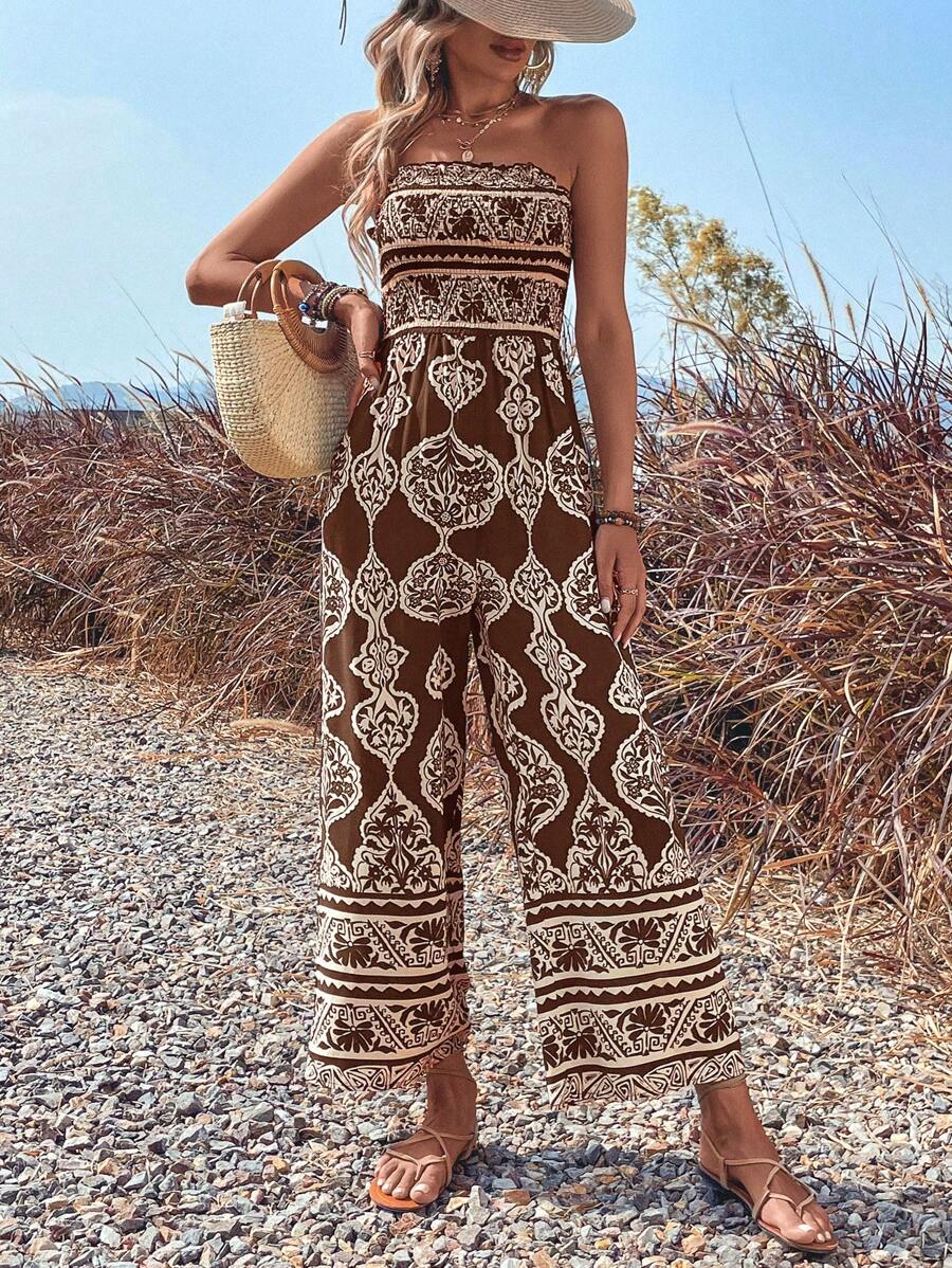 SHEIN VCAY Graphic Print Tube Jumpsuit - Brown - View 1