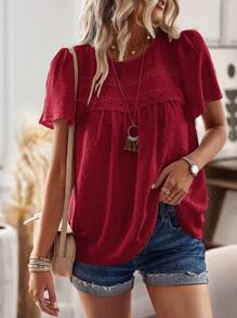 EMERY ROSE Swiss Dot Contrast Lace Puff Sleeve Blouse - Burgundy - View 6