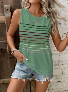 SHEIN LUNE Striped Print Tank Top Graphic Tees Women Tops - Mint Green - View 3