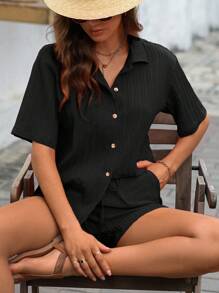 SHEIN LUNE unicolor con botón delantero Camisa & Shorts - Negro - Ver 3