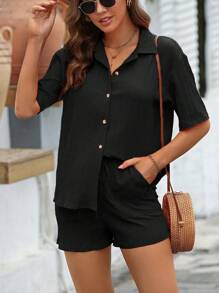 SHEIN LUNE unicolor con botón delantero Camisa & Shorts - Negro - Ver 4