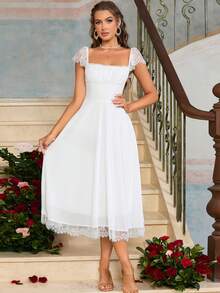 PARTHEA Cổ vuông Nếp gấp Phần Ngực Trang trí ren Đầm - trắng - Xem 4