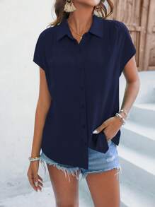 SHEIN LUNE Solid Batwing Sleeve Button Front Shirt - Navy Blue - View 4