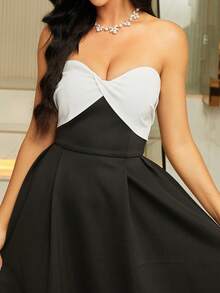 Missord Đầm Lộ Lưng xoắn lại Dây kéo Khối Màu Thanh lịch - Đen và trắng - Xem 3