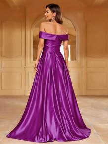 Women's Elegant Purple Satin Off Shoulder Cold Shoulder Maxi Dress With Zipper Details For Formal Evenings - Purple - View 2
