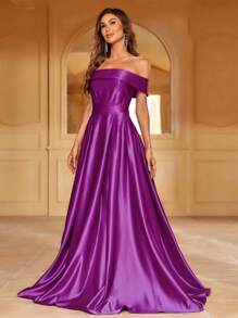 Women's Elegant Purple Satin Off Shoulder Cold Shoulder Maxi Dress With Zipper Details For Formal Evenings - Purple - View 3