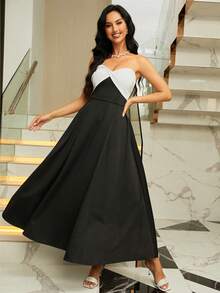 Missord Đầm Lộ Lưng xoắn lại Dây kéo Khối Màu Thanh lịch - Đen và trắng - Xem 7