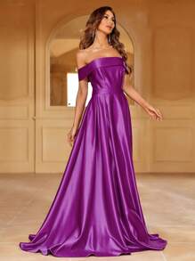 Women's Elegant Purple Satin Off Shoulder Cold Shoulder Maxi Dress With Zipper Details For Formal Evenings - Purple - View 4