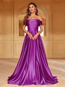 Women's Elegant Purple Satin Off Shoulder Cold Shoulder Maxi Dress With Zipper Details For Formal Evenings - Purple - View 5