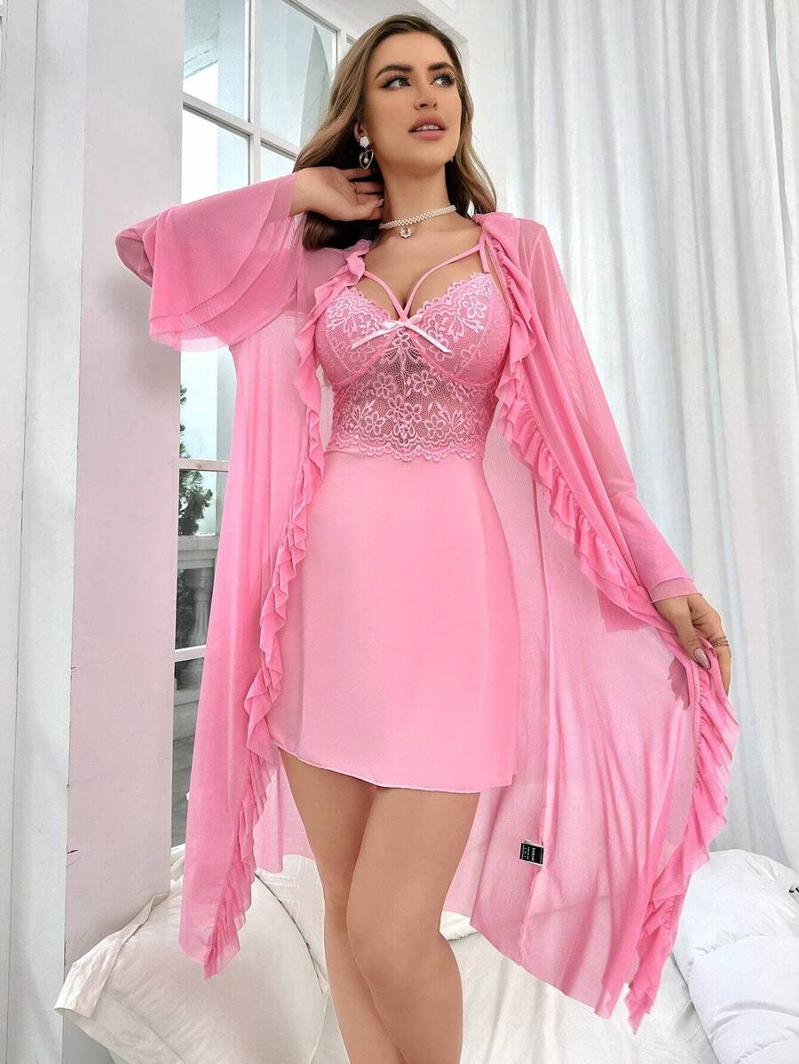 Contrast Lace Ruffle Trim Cami Nightdress & Robe PJ Set / Pajama Set - Pink - View 1