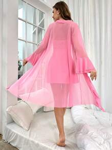 Contrast Lace Ruffle Trim Cami Nightdress & Robe PJ Set / Pajama Set - Pink - View 2