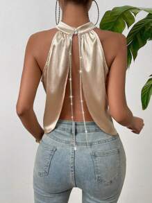 Rafferiza Pearls Beaded Backless Halter Top - Apricot - View 2