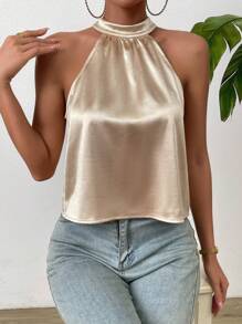 Rafferiza Pearls Beaded Backless Halter Top - Apricot - View 3