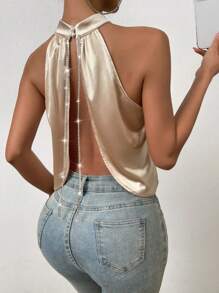 Rafferiza Pearls Beaded Backless Halter Top - Apricot - View 4
