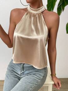 Rafferiza Pearls Beaded Backless Halter Top - Apricot - View 5