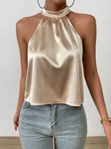Rafferiza Pearls Beaded Backless Halter Top - Apricot - View 6