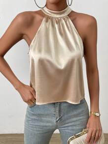 Rafferiza Pearls Beaded Backless Halter Top - Apricot - View 7