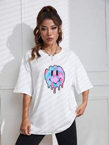 SHEIN EZwear 卡通圖案落肩T恤 - 白色 - 查看 4