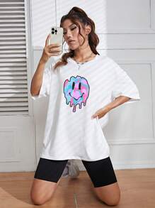 SHEIN EZwear 卡通圖案落肩T恤 - 白色 - 查看 5