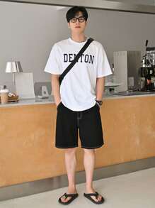 DAZY 男士棉頂針斜口袋牛仔短褲 - 黑色 - 查看 3