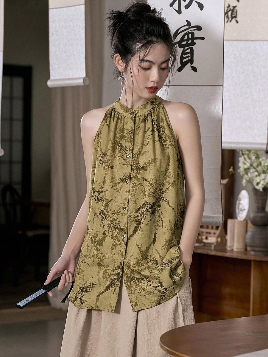 DAZY Áo sơ mi cài nút họa tiết hoa đi chơi - Màu Khaki - Xem 1