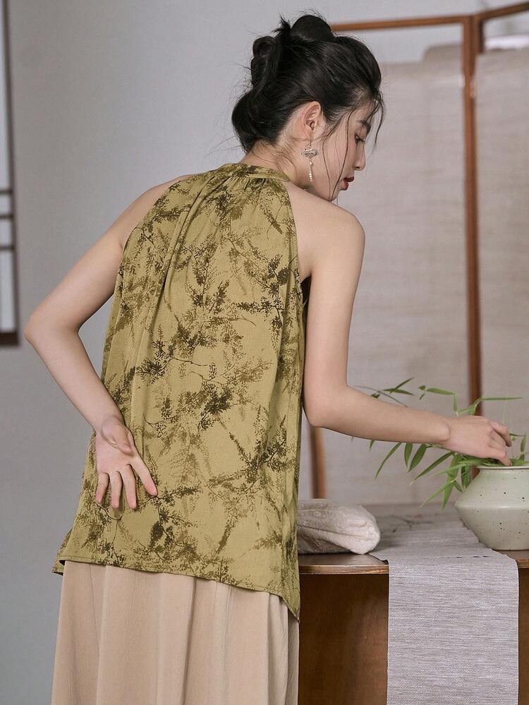 DAZY Áo sơ mi cài nút họa tiết hoa đi chơi - Màu Khaki - Xem 4