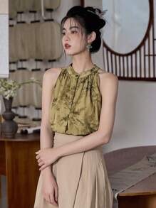 DAZY Áo sơ mi cài nút họa tiết hoa đi chơi - Màu Khaki - Xem 6