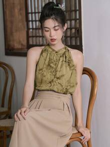 DAZY Áo sơ mi cài nút họa tiết hoa đi chơi - Màu Khaki - Xem 8