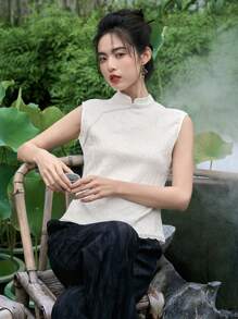 DAZY Contrast Lace Mandarin Neck Sleeveless Blouse - White - View 2