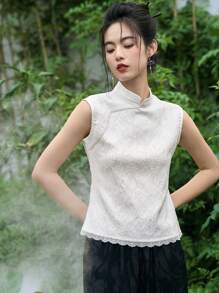 DAZY Contrast Lace Mandarin Neck Sleeveless Blouse - White - View 3