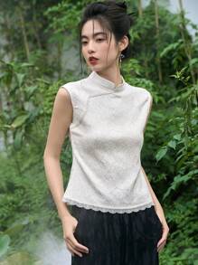 DAZY Contrast Lace Mandarin Neck Sleeveless Blouse - White - View 7