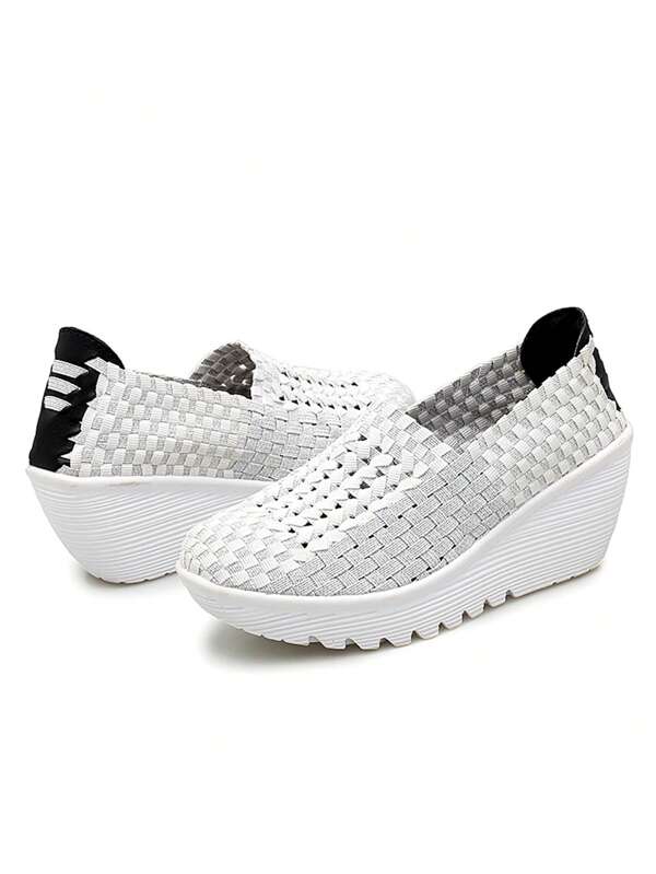 Sporty White Wedge Sneakers For Women, Braided Detail Crochet Sneakers