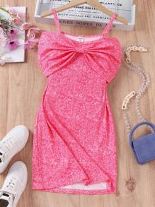 SHEIN Girls 1pc Allover Print Ruched Front Cami Dress - Pink - View 3