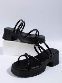 女士交叉時尚黑色坡跟涼鞋 - 黑色 - 查看 4