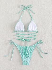 Marble Print Lace Up Halter Triangle Bikini Set, For Summer Beach Vacation - Mint Blue - View 5