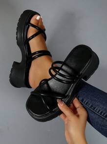 女士交叉時尚黑色坡跟涼鞋 - 黑色 - 查看 5