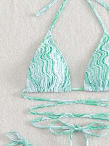 Marble Print Lace Up Halter Triangle Bikini Set, For Summer Beach Vacation - Mint Blue - View 6