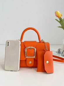 荔枝紋壓花方包搭扣裝飾橘色時尚帶零錢包 - 橘色 - 查看 4