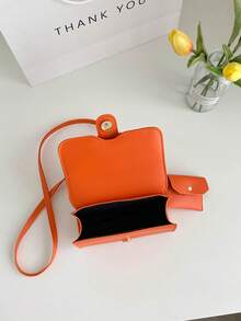 荔枝紋壓花方包搭扣裝飾橘色時尚帶零錢包 - 橘色 - 查看 5