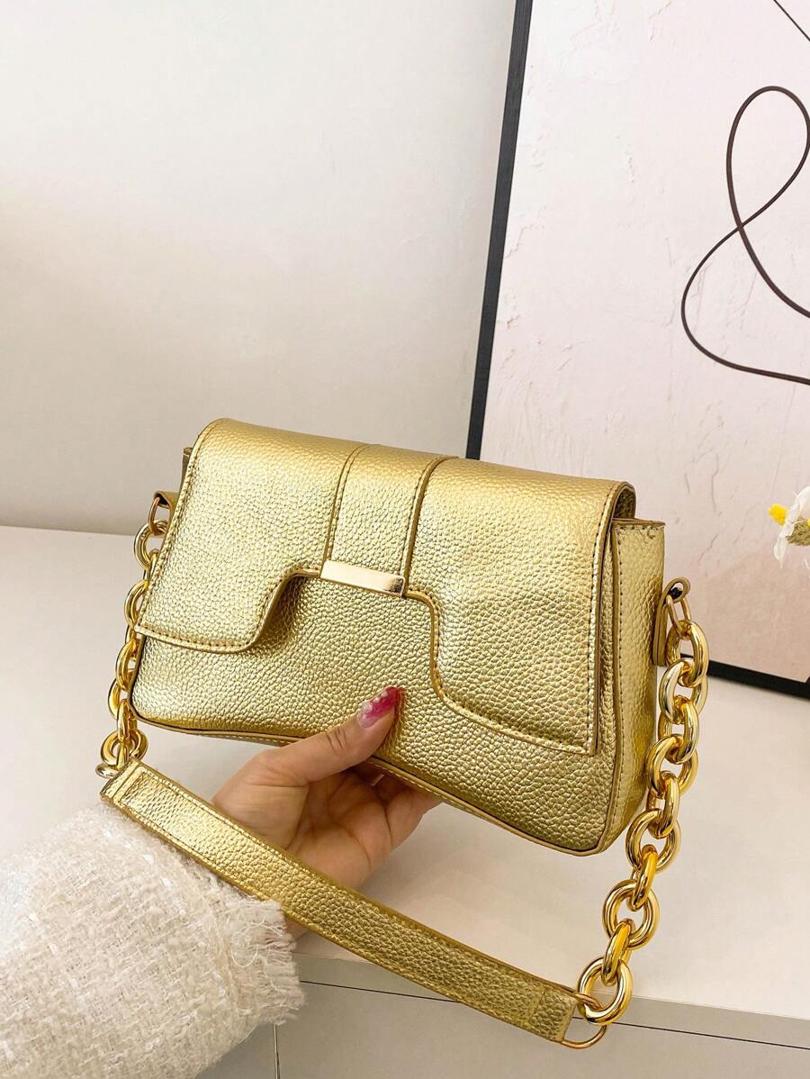 Litchi Embossed Novelty Bag Gold Funky Chain Strap - Gold - View 1