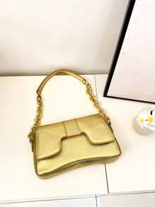 Litchi Embossed Novelty Bag Gold Funky Chain Strap - Gold - View 2