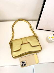 Litchi Embossed Novelty Bag Gold Funky Chain Strap - Gold - View 4