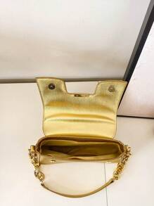 Litchi Embossed Novelty Bag Gold Funky Chain Strap - Gold - View 5