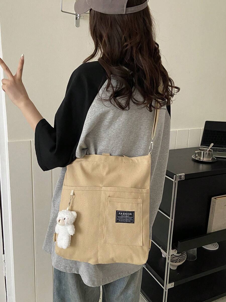 字母貼布單肩托特包卡其色休閒附包飾 - 卡其色 - 查看 1