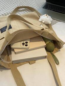 字母貼布單肩托特包卡其色休閒附包飾 - 卡其色 - 查看 3